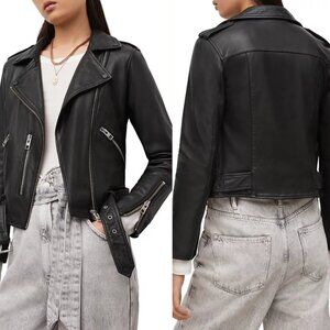 All Saints Balfern Biker Jacket Black Leather Notched Lapels Epaulets